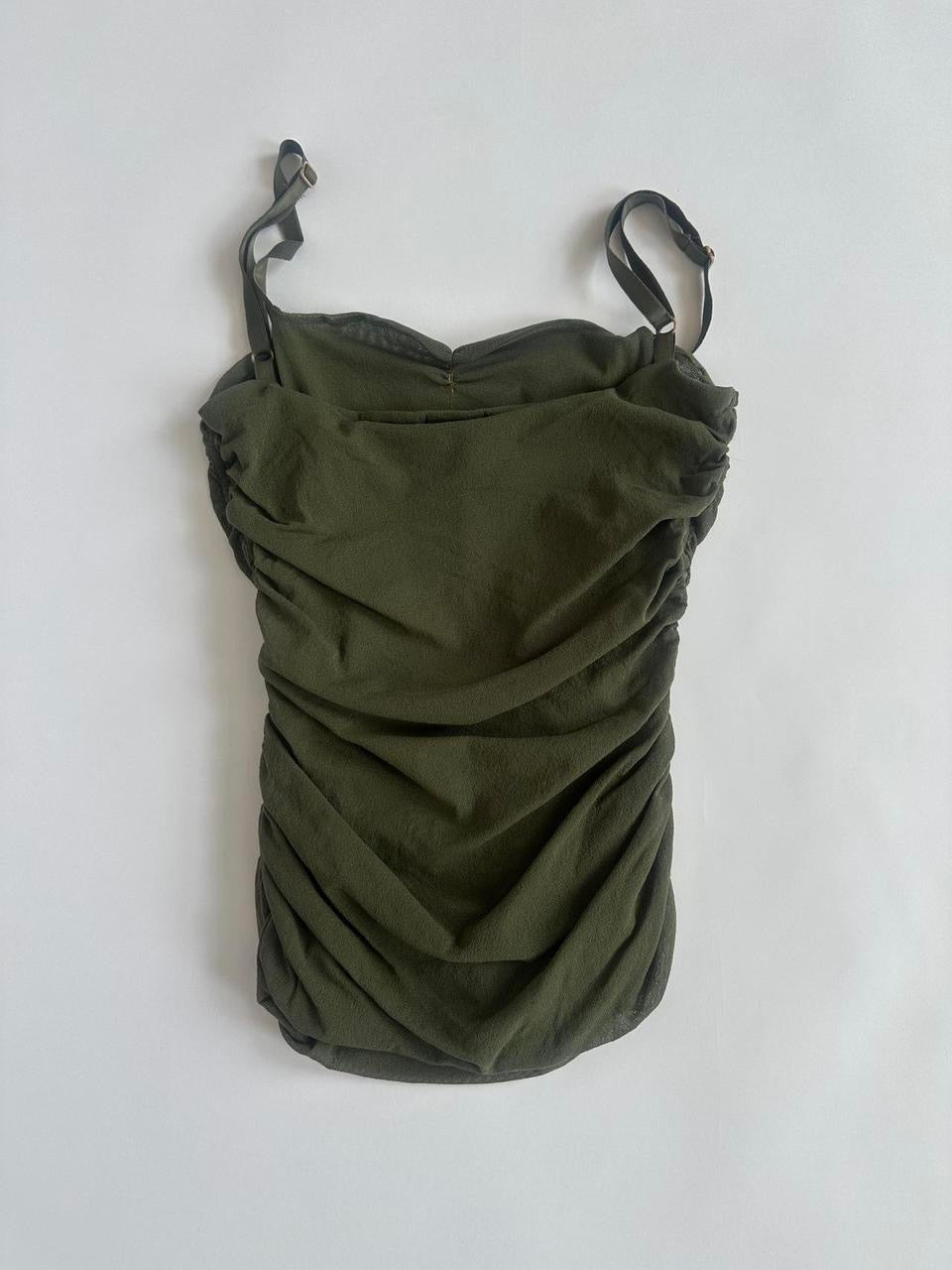 Khaki Ruched Mesh Y2K Top