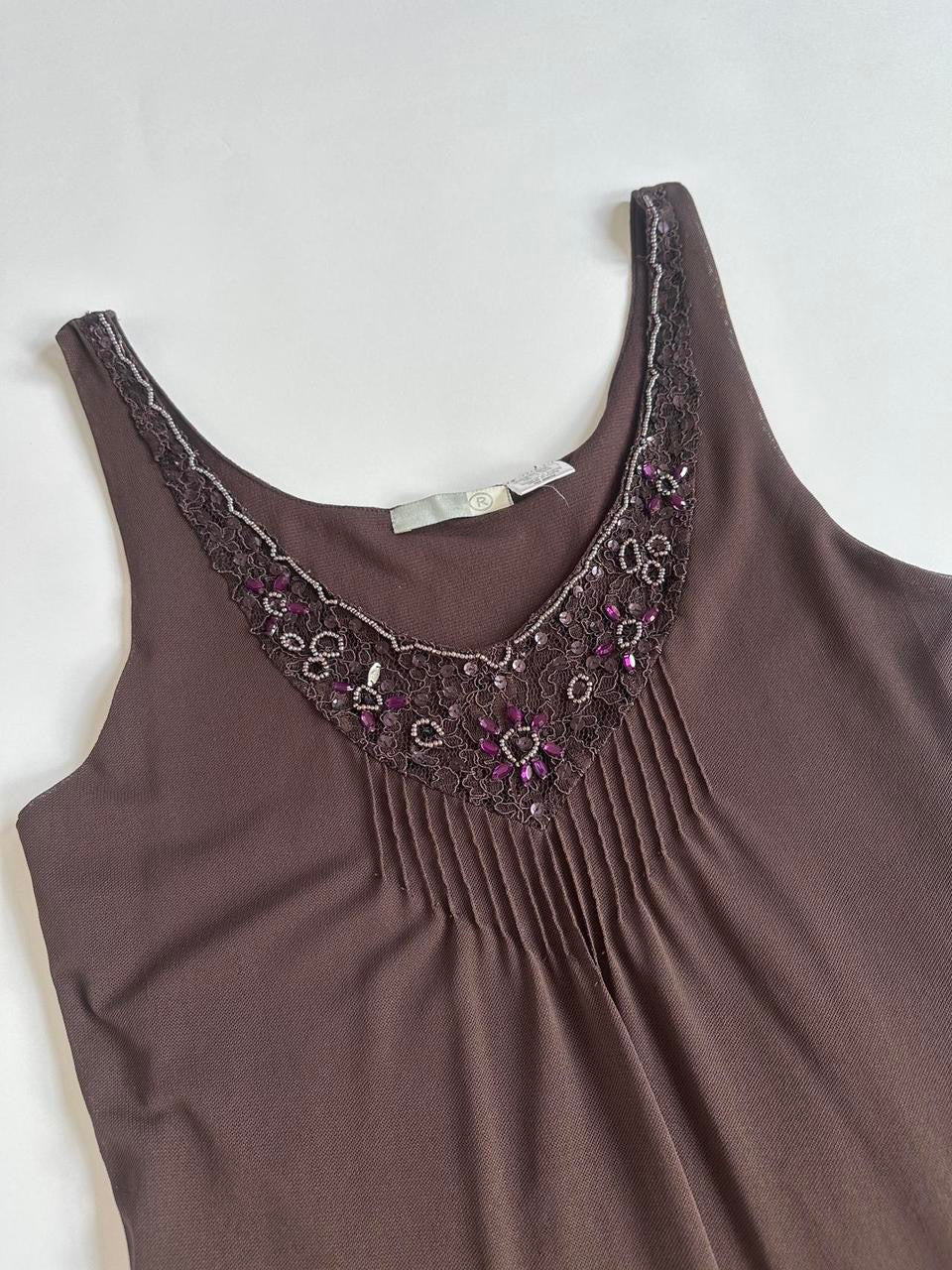 00s Brown Mesh Embellished Top