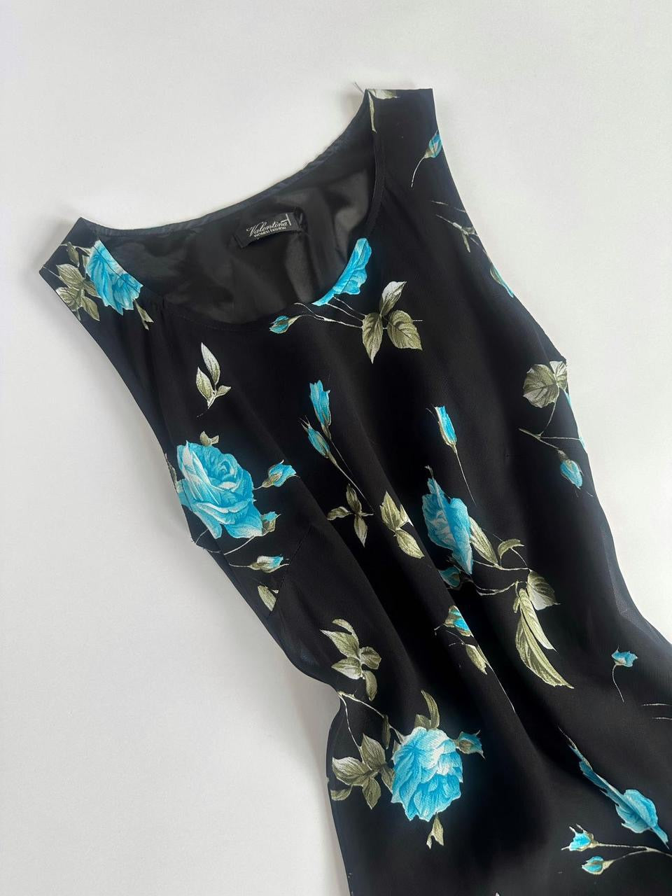 90s Blue Black Floral Midi Dress