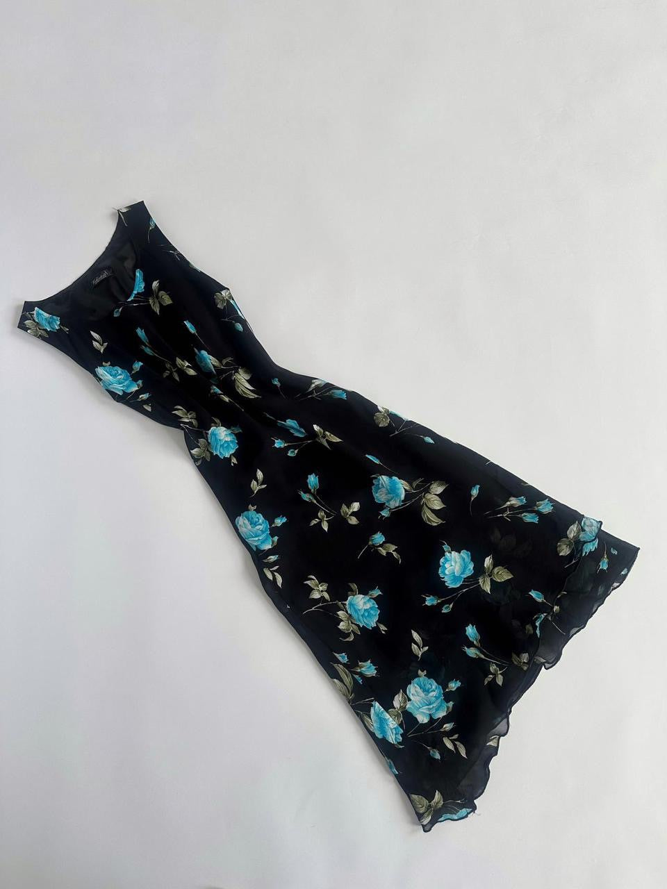 90s Blue Black Floral Midi Dress
