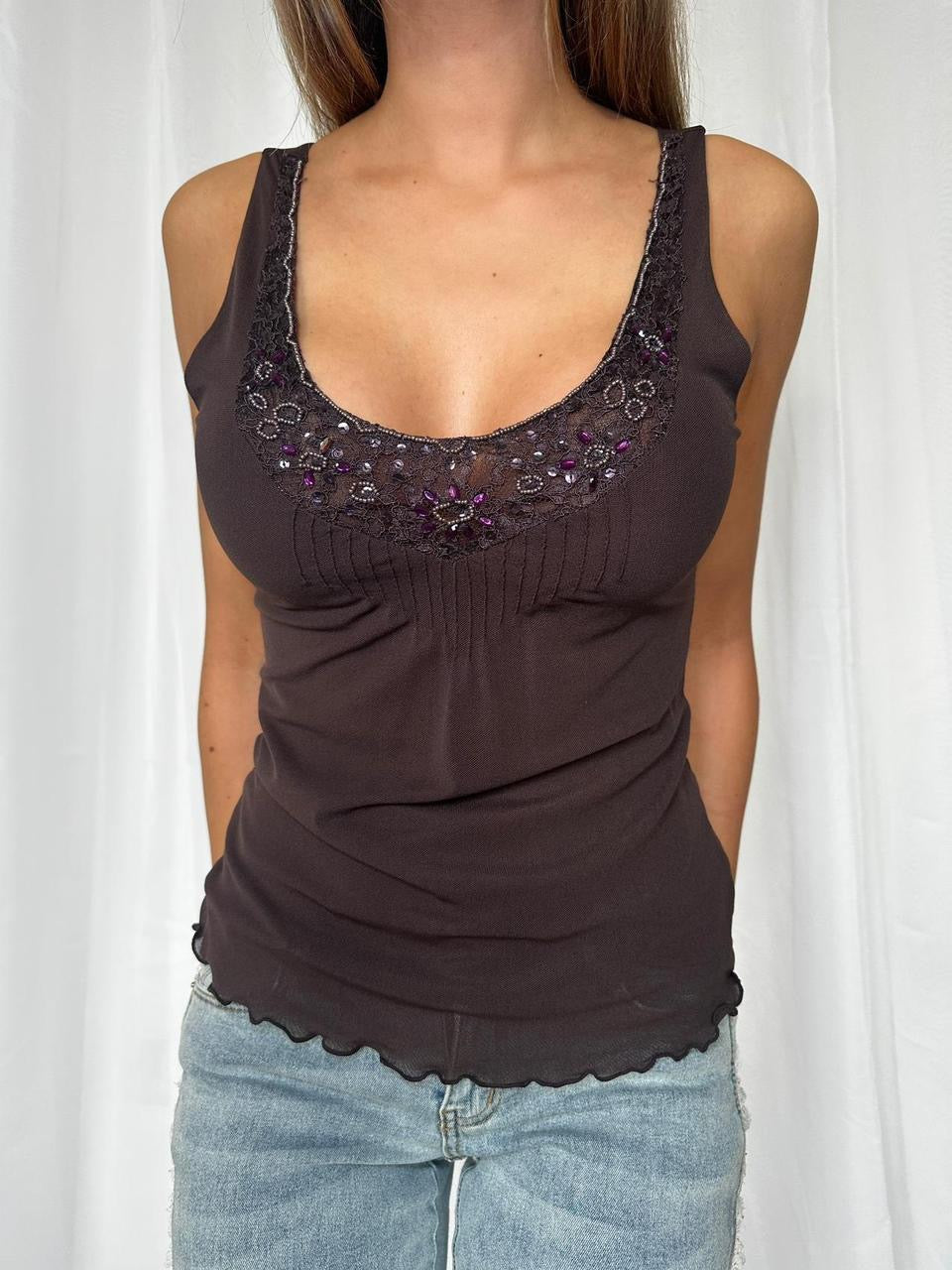 00s Brown Mesh Embellished Top