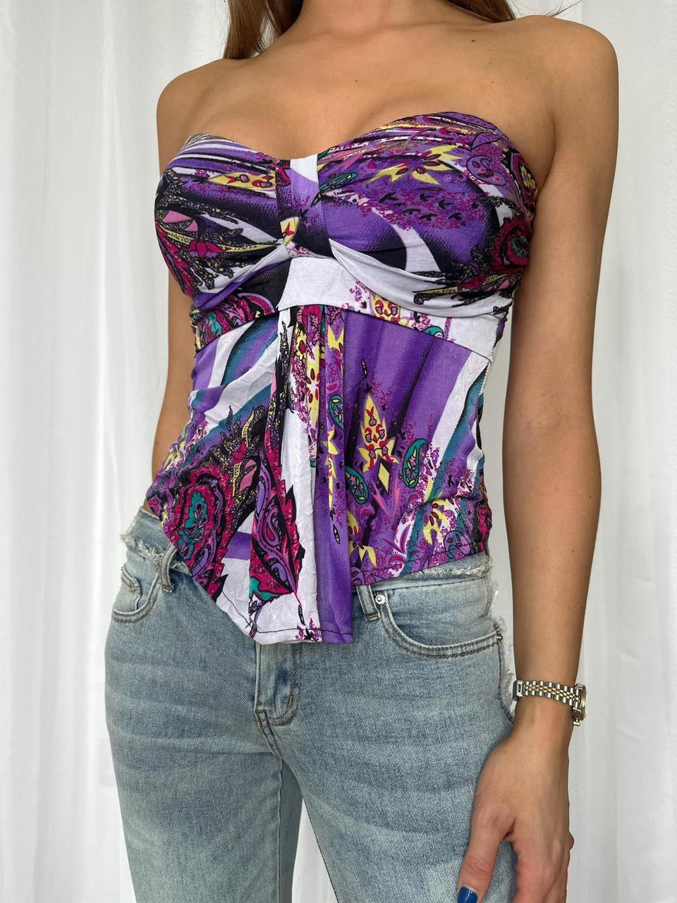 Y2K Purple Floral Strapless Top