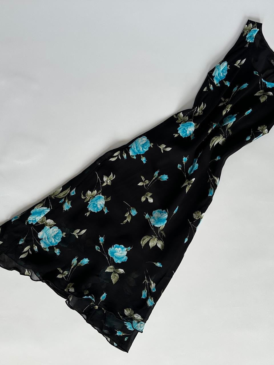 90s Blue Black Floral Midi Dress