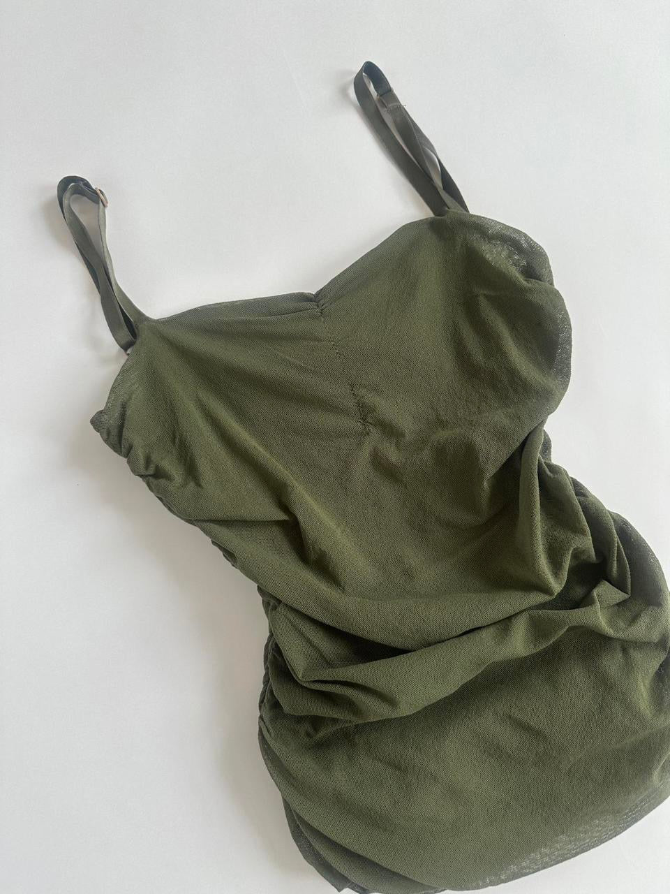 Khaki Ruched Mesh Y2K Top