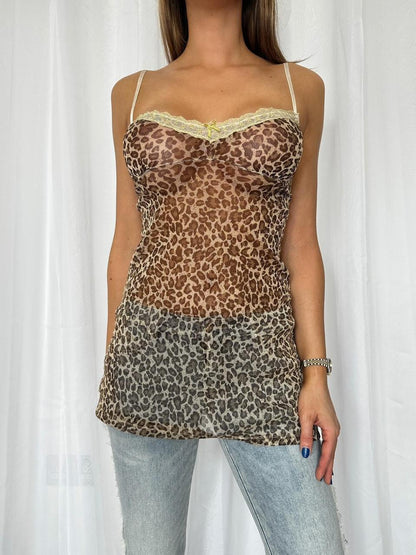 00s Sheer Leopard Glitter & Lemon Slip Dress / Top