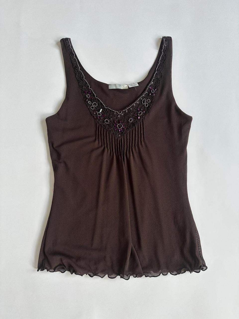 00s Brown Mesh Embellished Top