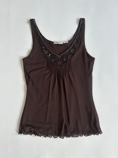 00s Brown Mesh Embellished Top