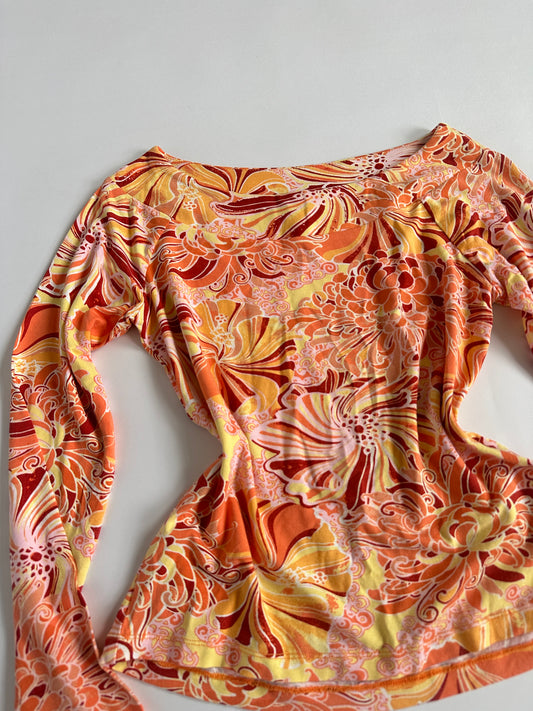 Y2K Pattern Wide Neckline Top