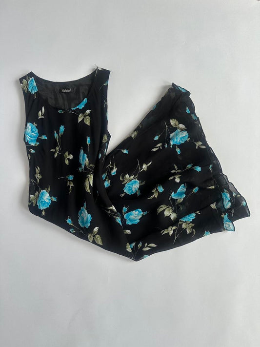 90s Blue Black Floral Midi Dress