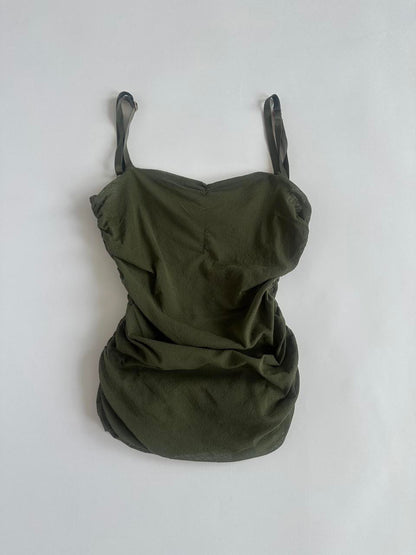 Khaki Ruched Mesh Y2K Top