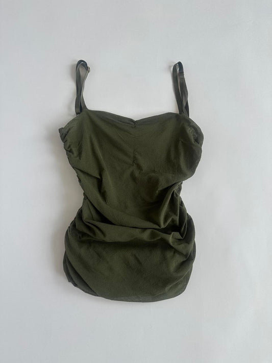 Khaki Ruched Mesh Y2K Top