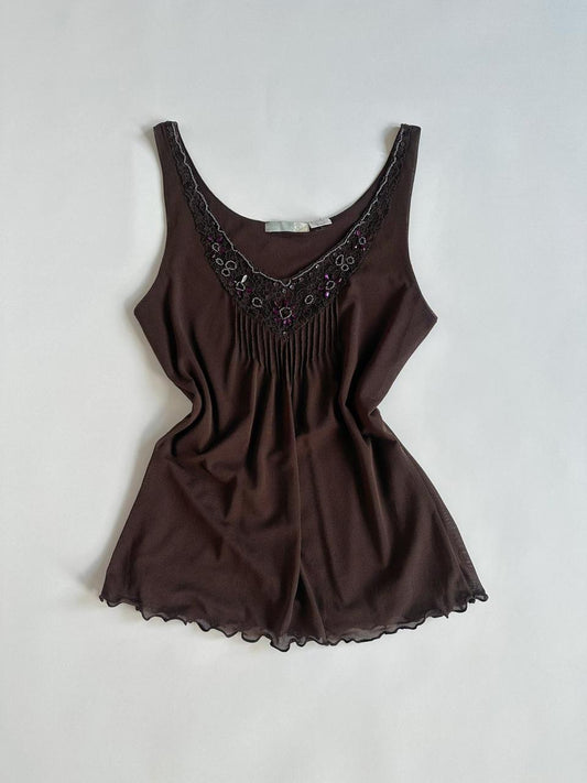 00s Brown Mesh Embellished Top