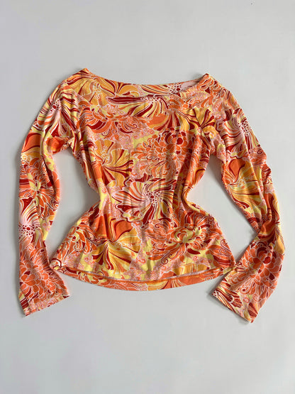 Y2K Pattern Wide Neckline Top