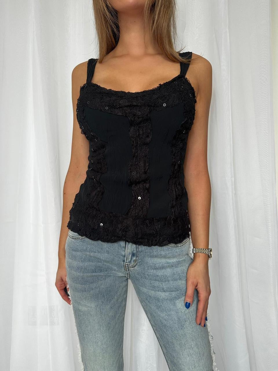 Y2K Black Crinkle Cami