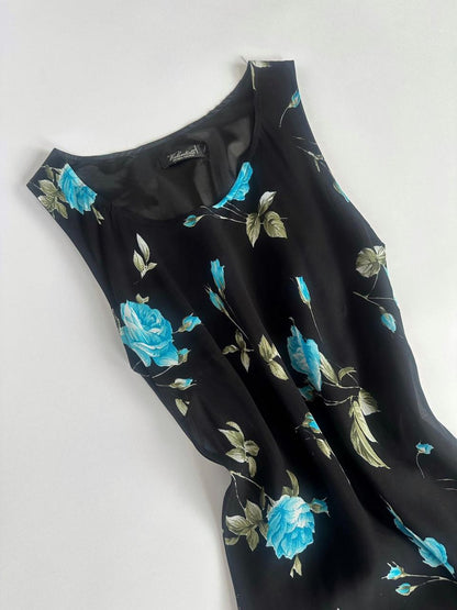 90s Blue Black Floral Midi Dress