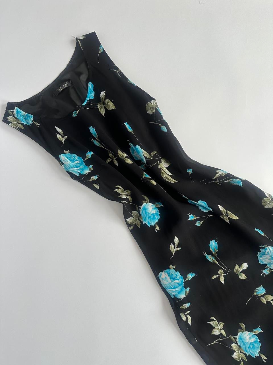 90s Blue Black Floral Midi Dress