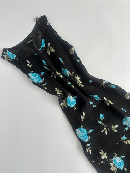 90s Blue Black Floral Midi Dress