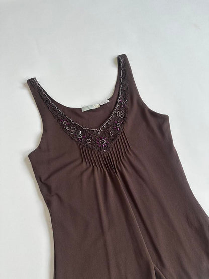 00s Brown Mesh Embellished Top