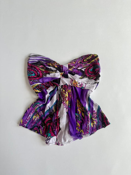 Y2K Purple Floral Strapless Top
