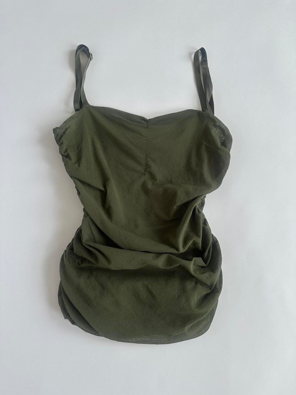 Khaki Ruched Mesh Y2K Top